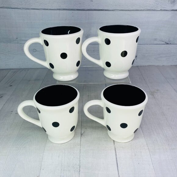 Coastline Imports White Black Polka Dots Earthenware Footed 15oz Cups Mugs Set 4 - Picture 5 of 16